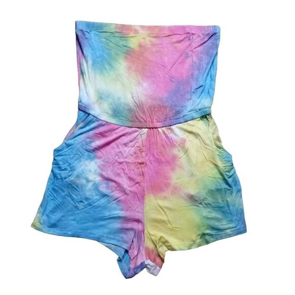 Romper Pants - Rainbow Tie Dye Sleeveless Jumpsuit Romper Medium -S